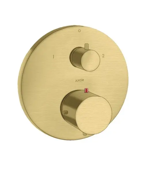 Thermostat mit zwei Einstellknöpfen in gebürstetem Messing, Hersteller AXOR, zur regulären Temperatur- und Wasserströmungssteuerung, montiert auf einer runden Blende.